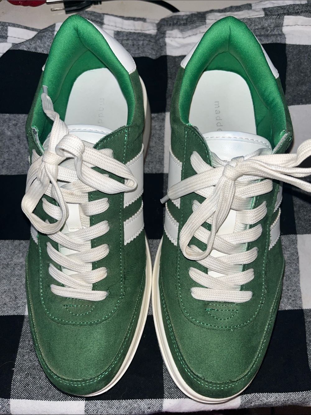 Madden Girl Green Suede Sneakers with White Stripes